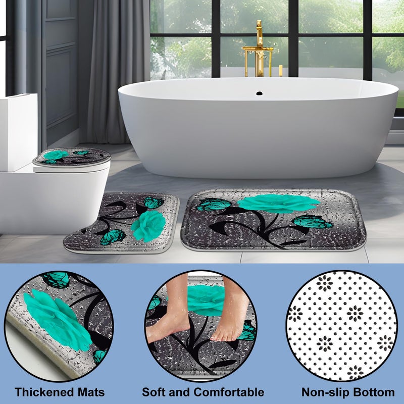 Poedist 4 Pcs Bathroom Set Green Rose Shower Curtain Sets  Romantic Shower Curtain Sets with Rugs(Bath Mat U Shape and Toilet Lid Cover Mat) and 12 Hooks - Image 4